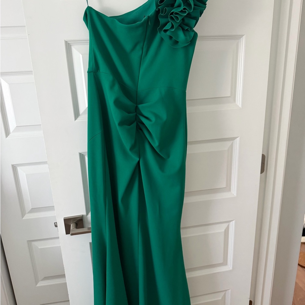 Xscape Emerald One-Shoulder Ruffle Gown - Picture 2 of 4